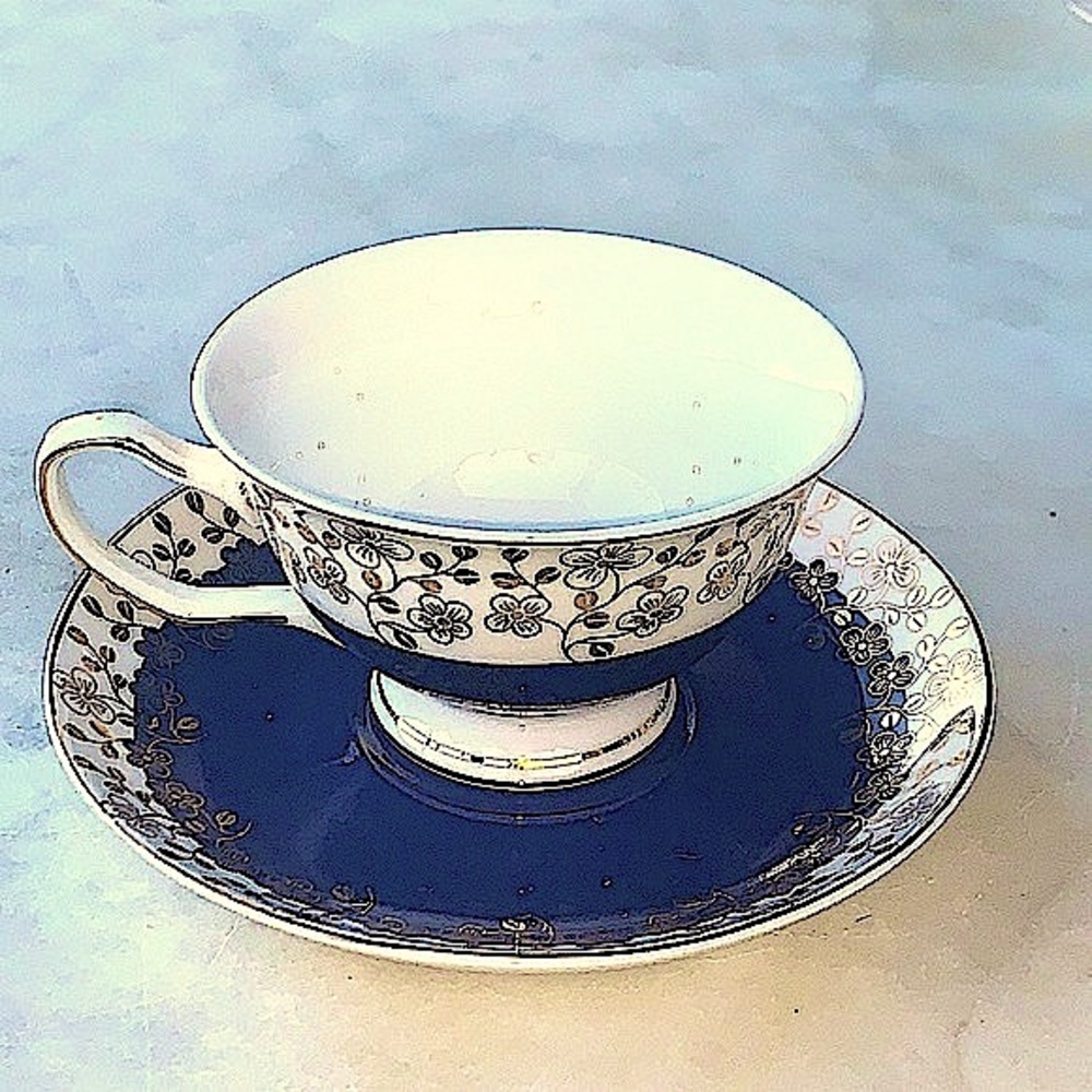 GRACES TEAWARE FOOTED CUP SAUCER SET NAVY METALLIC GOLD FLORAL NEW PORCELAIN